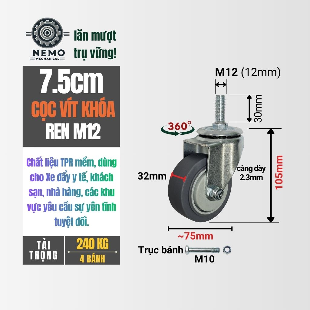 Bánh Xe Cao Su TPR Xám Cọc Vít M12 – Chống Ồn, Giảm Chấn (D75, D100, D125)